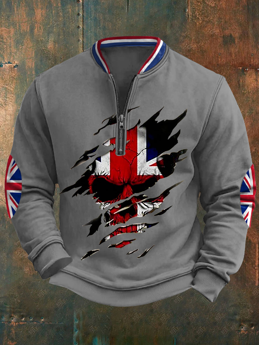 Men's UK Flag Skull Print Casual Sweatshirt