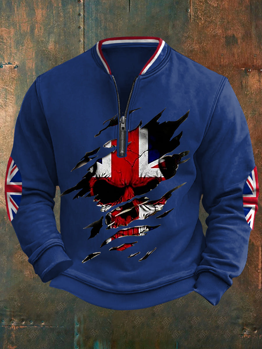 Men's UK Flag Skull Print Casual Sweatshirt