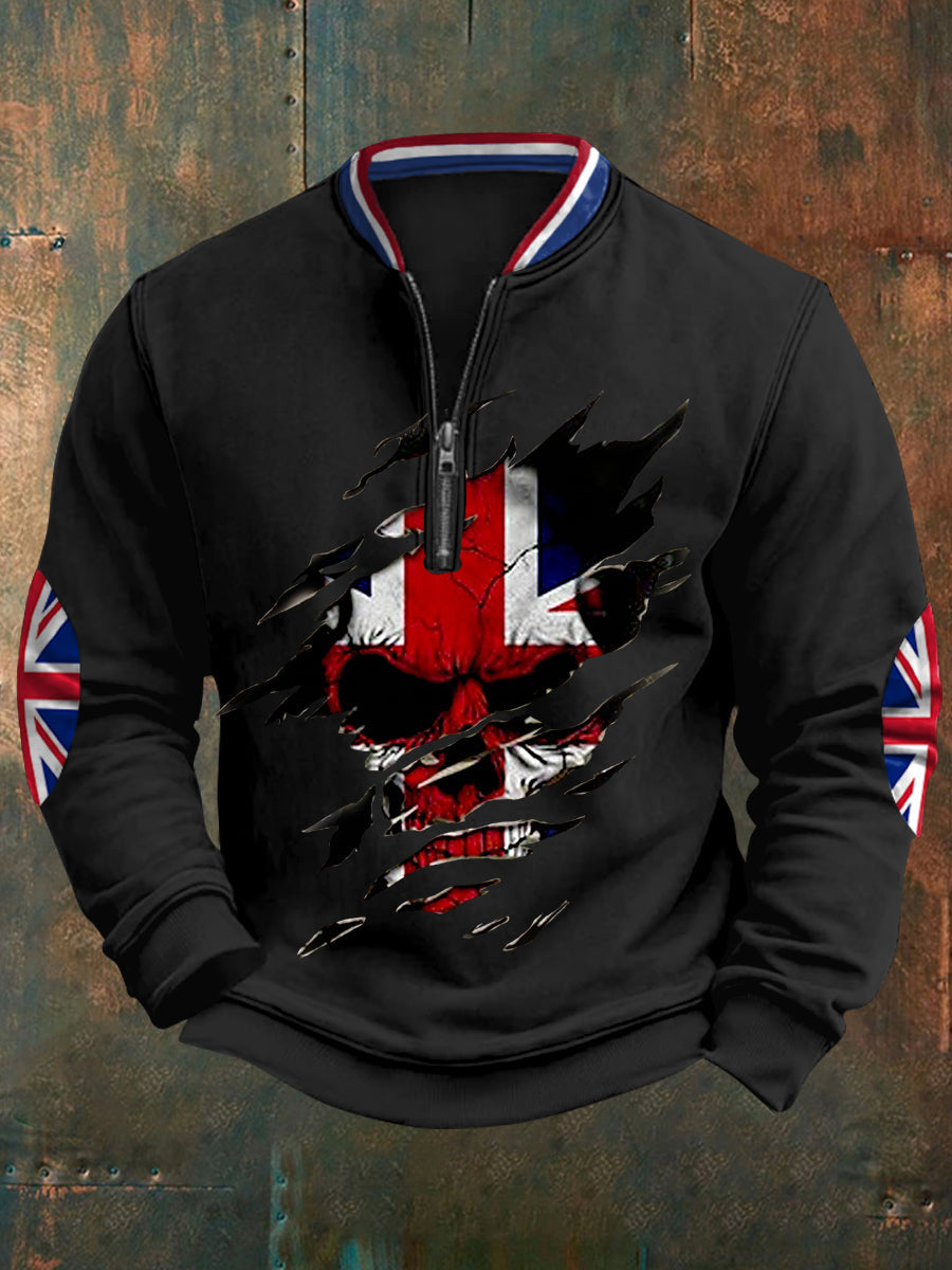 Men's UK Flag Skull Print Casual Sweatshirt
