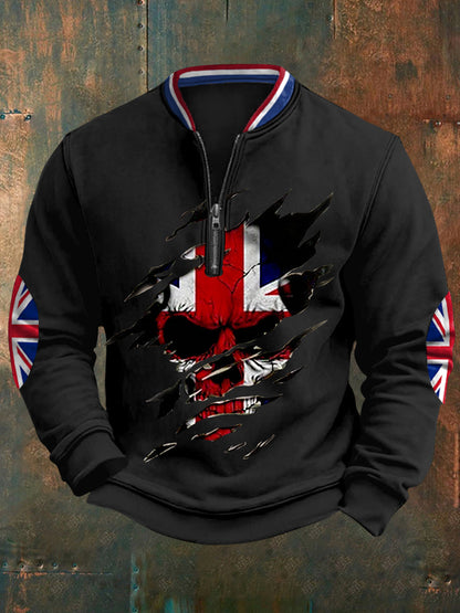 Men's UK Flag Skull Print Casual Sweatshirt