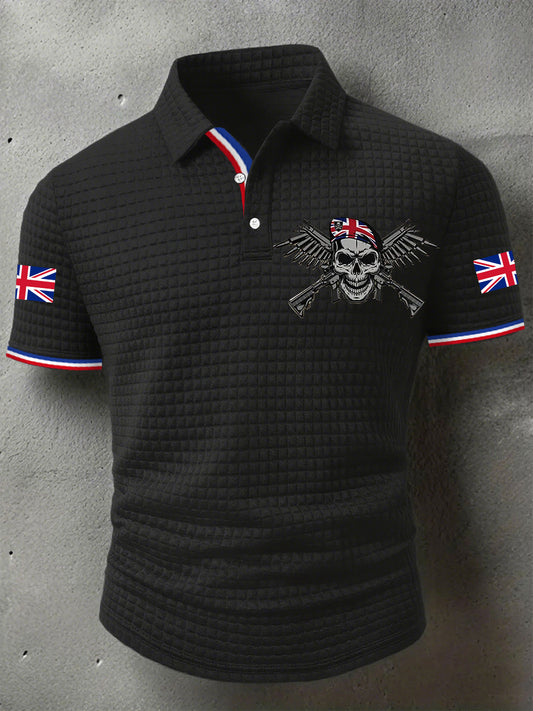 Men's UK Flag Skull Veteran Print Casual Short-Sleeve Waffle Top