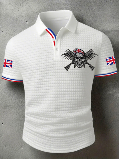 Men's UK Flag Skull Veteran Print Casual Short-Sleeve Waffle Top