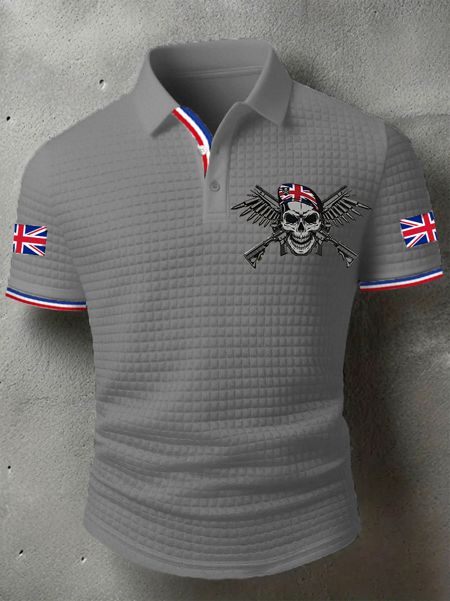 Men's UK Flag Skull Veteran Print Casual Short-Sleeve Waffle Top