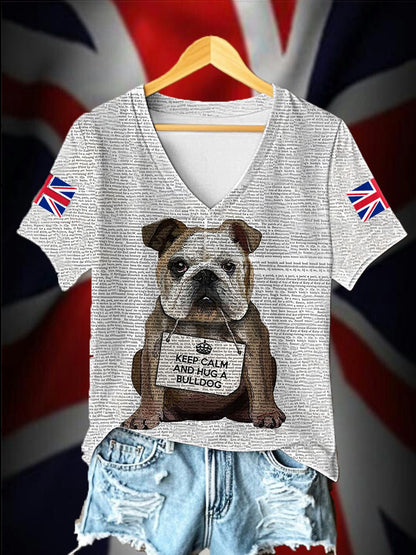 Women's English Bulldog Hug a Bulldog British Flag Short Sleeve T-shirt