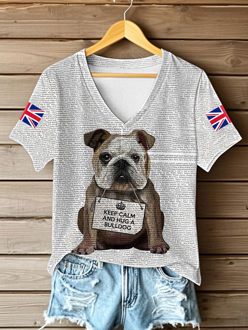 Women's English Bulldog Hug a Bulldog British Flag Short Sleeve T-shirt