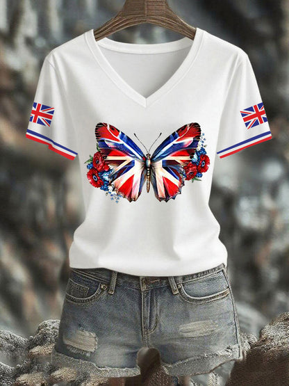 Women's Vintage England Flag Casual Printed V-neck T-shirt
