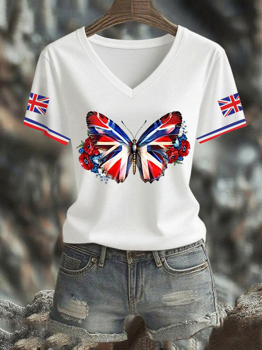 Women's Vintage England Flag Casual Printed V-neck T-shirt