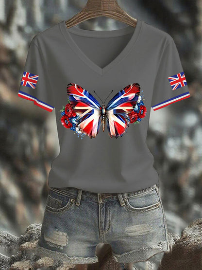 Women's Vintage England Flag Casual Printed V-neck T-shirt