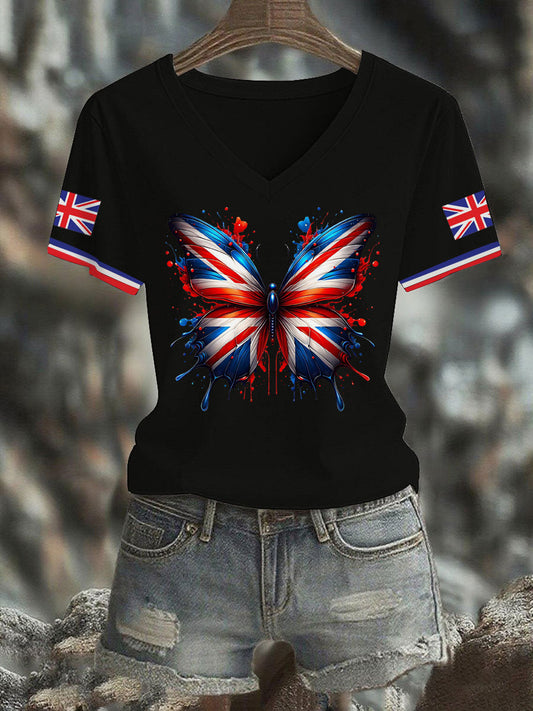 Women's Vintage England Flag Casual Printed V-neck T-shirt