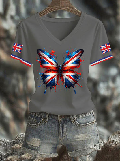 Women's Vintage England Flag Casual Printed V-neck T-shirt