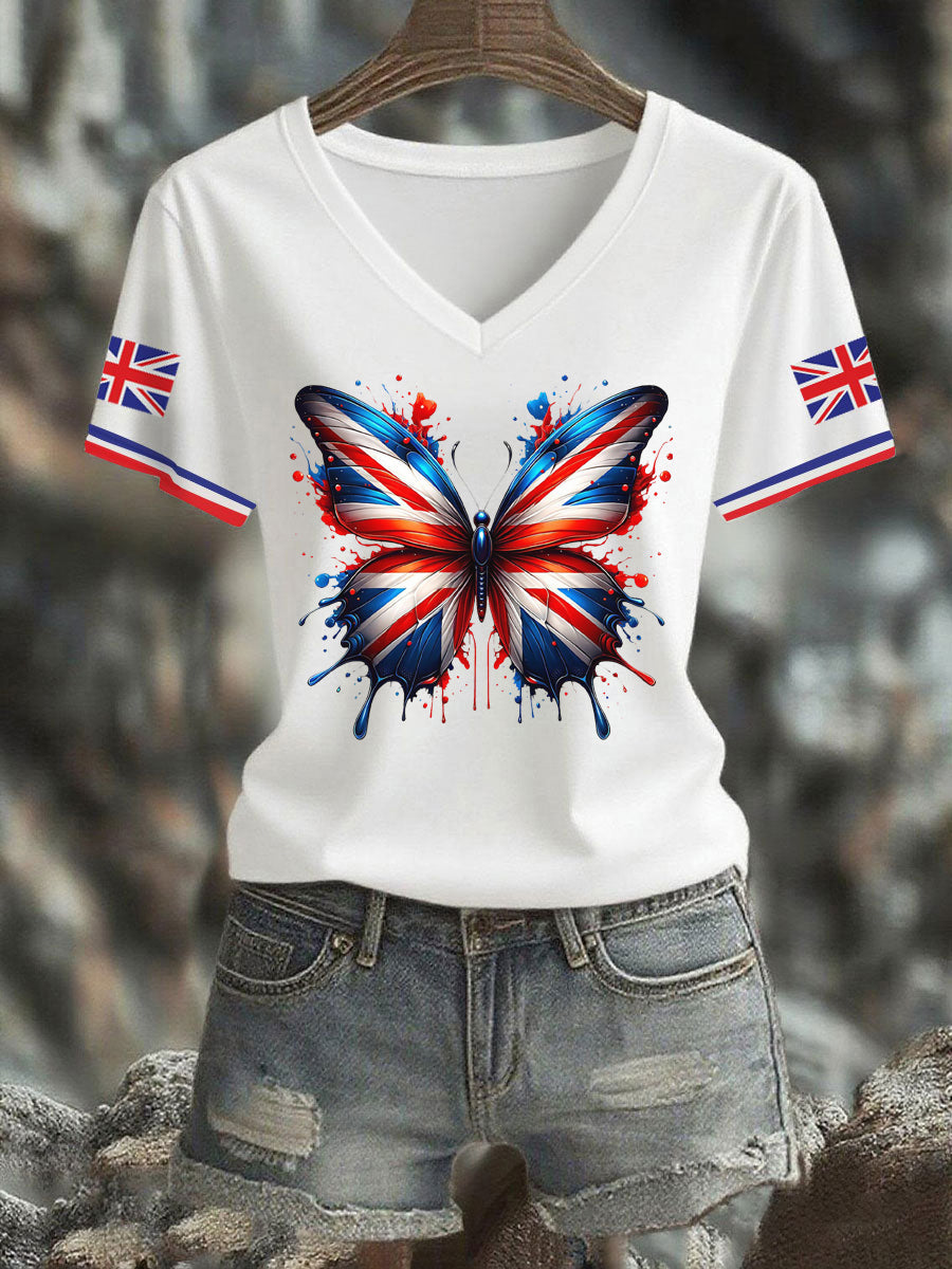 Women's Vintage England Flag Casual Printed V-neck T-shirt