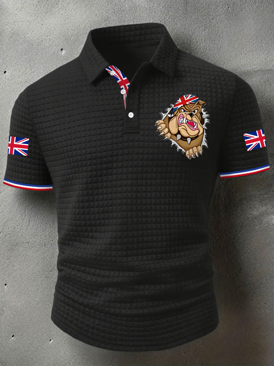 Men's Rip Open Torn Bulldog Union Jack Flag Print Casual Short-Sleeve Waffle Top