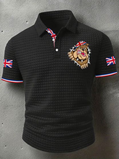 Men's Rip Open Torn Bulldog Union Jack Flag Print Casual Short-Sleeve Waffle Top