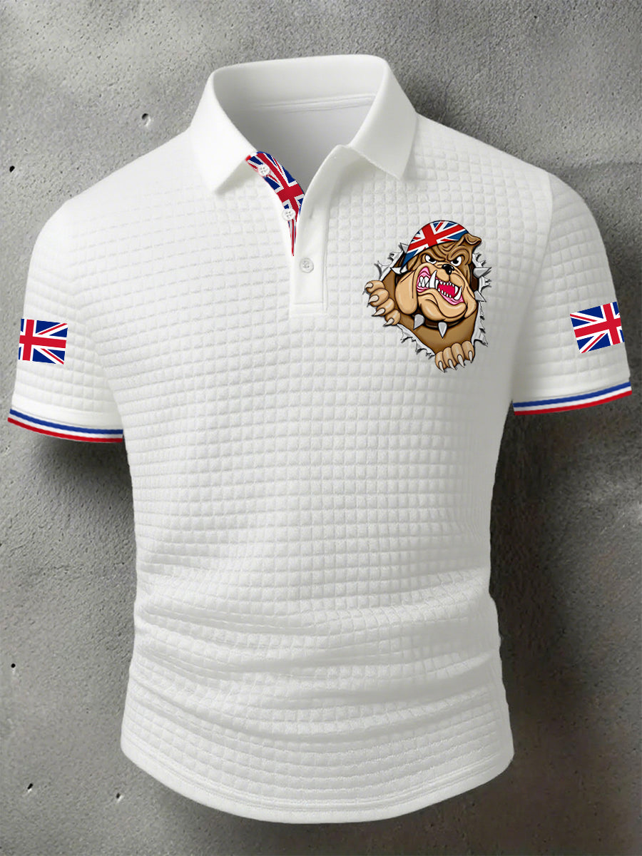 Men's Rip Open Torn Bulldog Union Jack Flag Print Casual Short-Sleeve Waffle Top