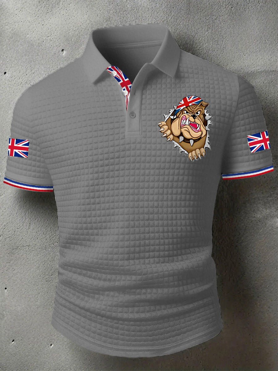 Men's Rip Open Torn Bulldog Union Jack Flag Print Casual Short-Sleeve Waffle Top
