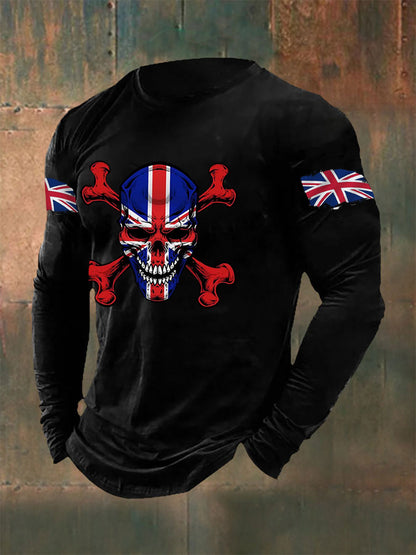 Men's UK Flag Skull Print Casual Long Sleeve T-Shirt