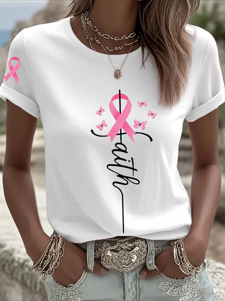 Women's Breast Cancer Awareness Pink Ribbon Faith Short Sleeve  T-shirt