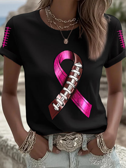 Women's Breast Cancer Awareness Football Pink Out Pink Ribbon Print T-shirt