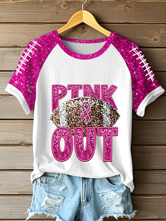 Women's Breast Cancer Awareness Football Pink Out Pink Ribbon Print T-shirt