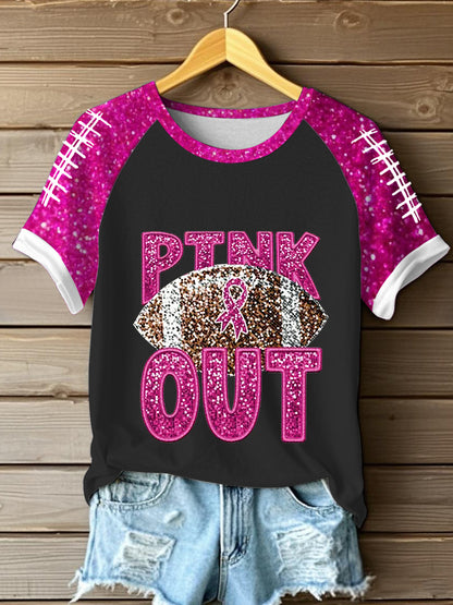 Women's Breast Cancer Awareness Football Pink Out Pink Ribbon Print T-shirt