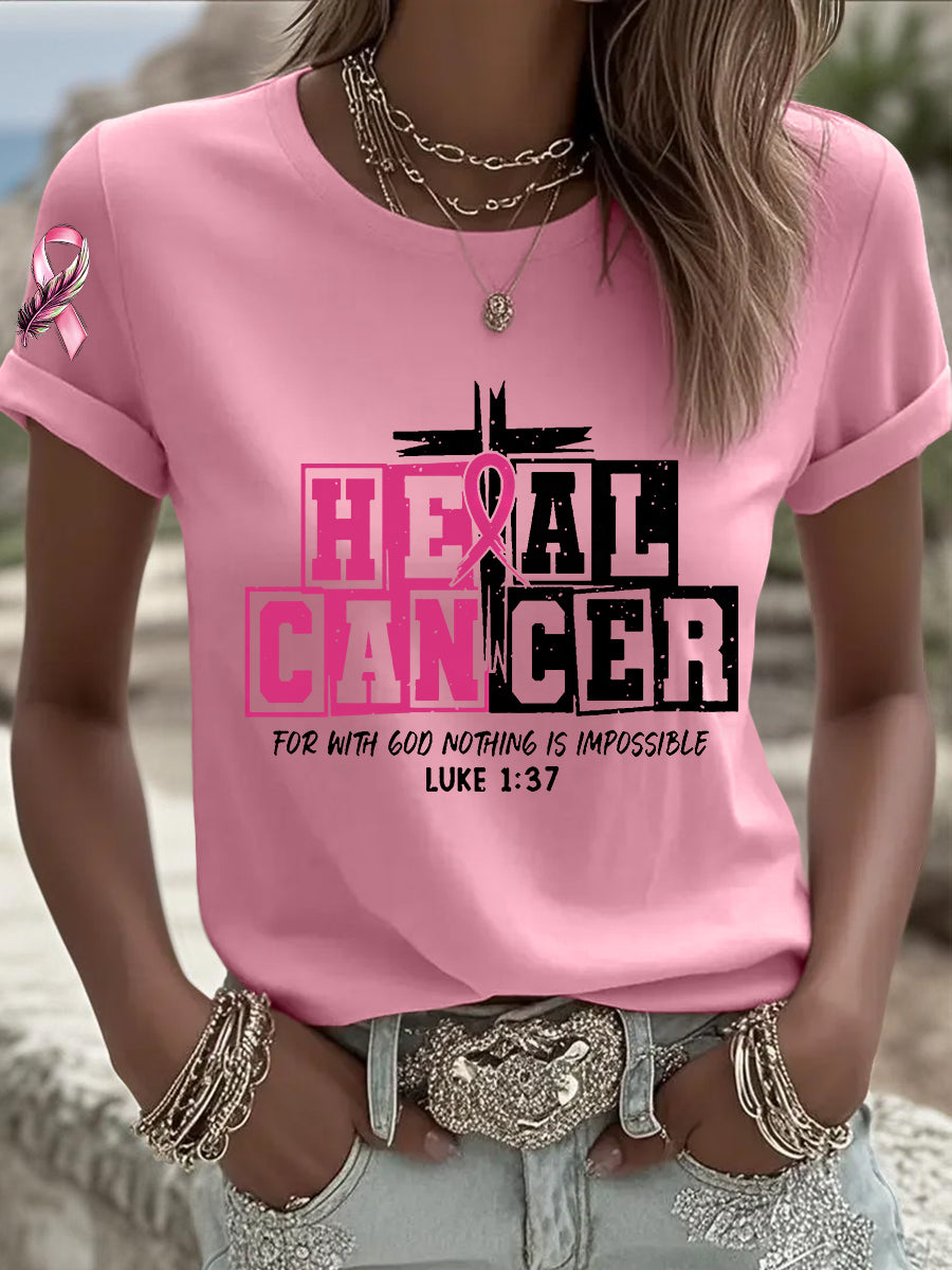 Women's Breast Cancer Awareness Heal Cancer  Pink Ribbon Short Sleeve  T-shirt