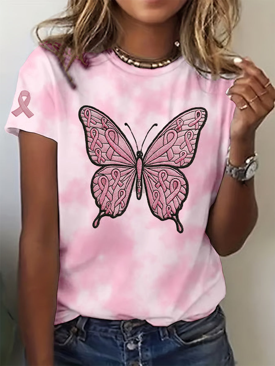Women's Breast Cancer Awareness Pink Butterfly Print short-sleeved T-shirt