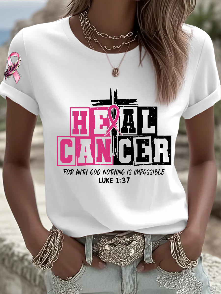 Women's Breast Cancer Awareness Heal Cancer  Pink Ribbon Short Sleeve  T-shirt