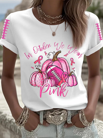 Women's Breast Cancer Awareness Football Pink Out Pink Ribbon Print T-shirt