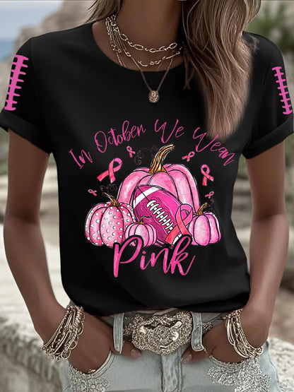 Women's Breast Cancer Awareness Football Pink Out Pink Ribbon Print T-shirt
