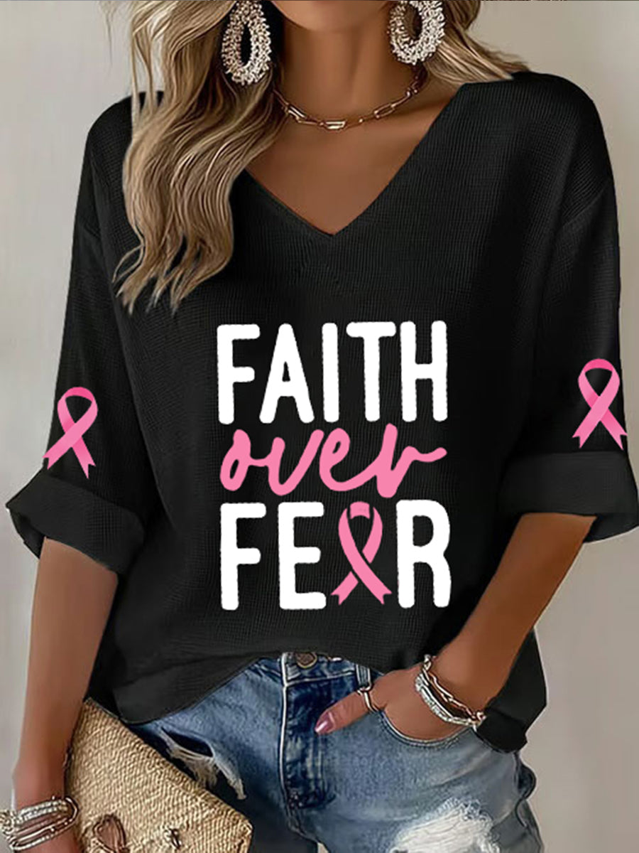 Women's Breast Cancer Awareness Pink Ribbon Faith Over Fear Printed V-Neck Top