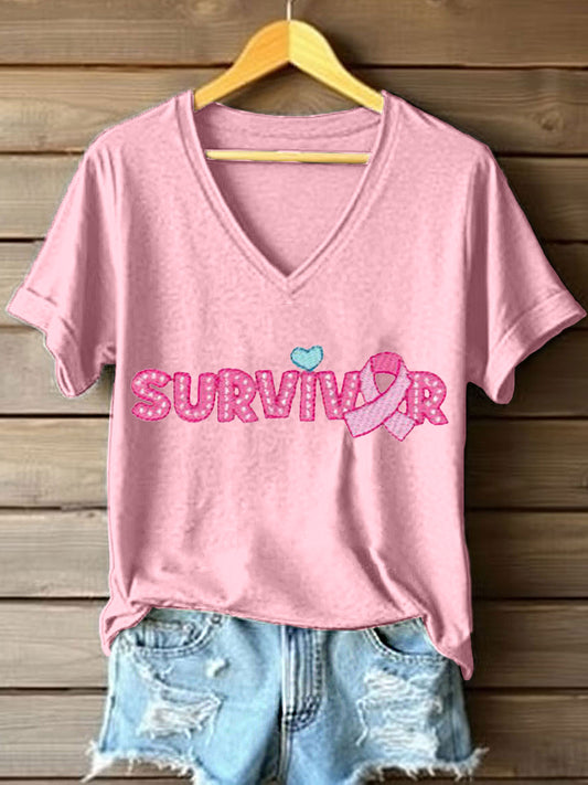 Women's Breast Cancer Awareness Survivor Embroidered T-Shirt