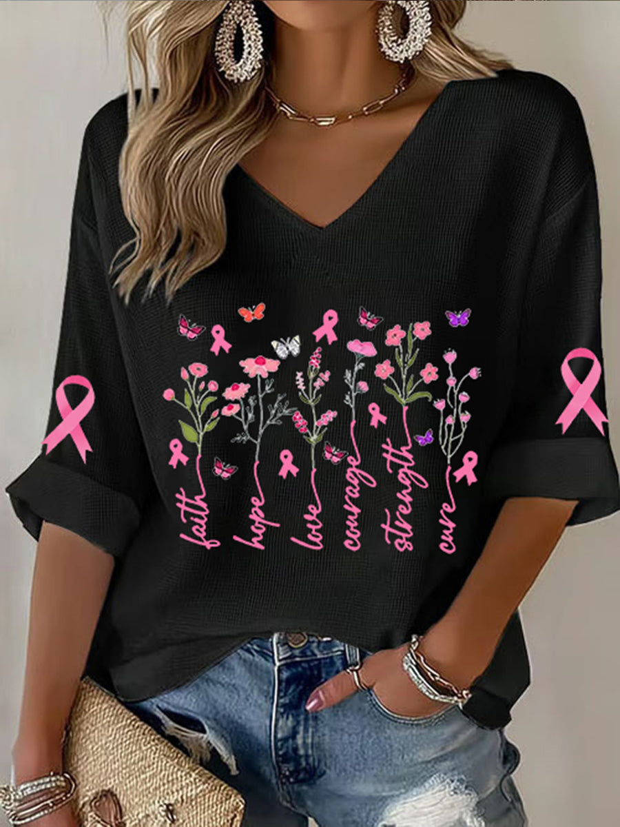 Women's Breast Cancer Awareness Pink Ribbon Faith  Printed V-Neck Top