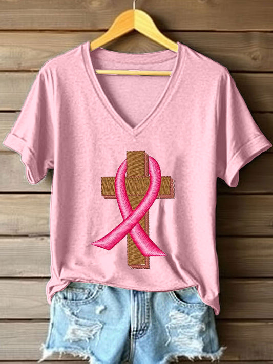 Women's Breast Cancer Awareness Ribbon and Cross Embroidered T-Shirt