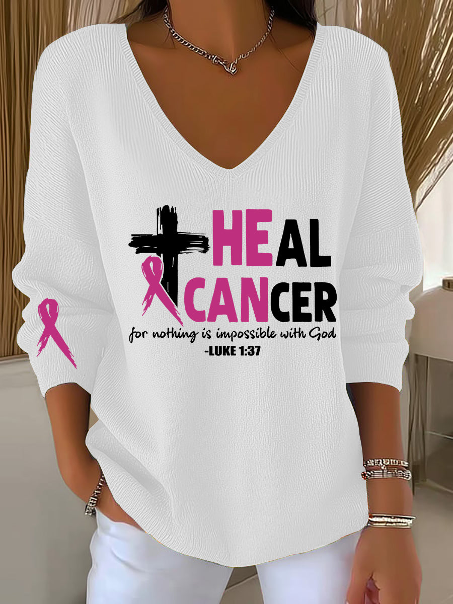 Women's Breast Cancer Awareness Heal Cancer Pink Ribbon V-Neck Ribbed Top