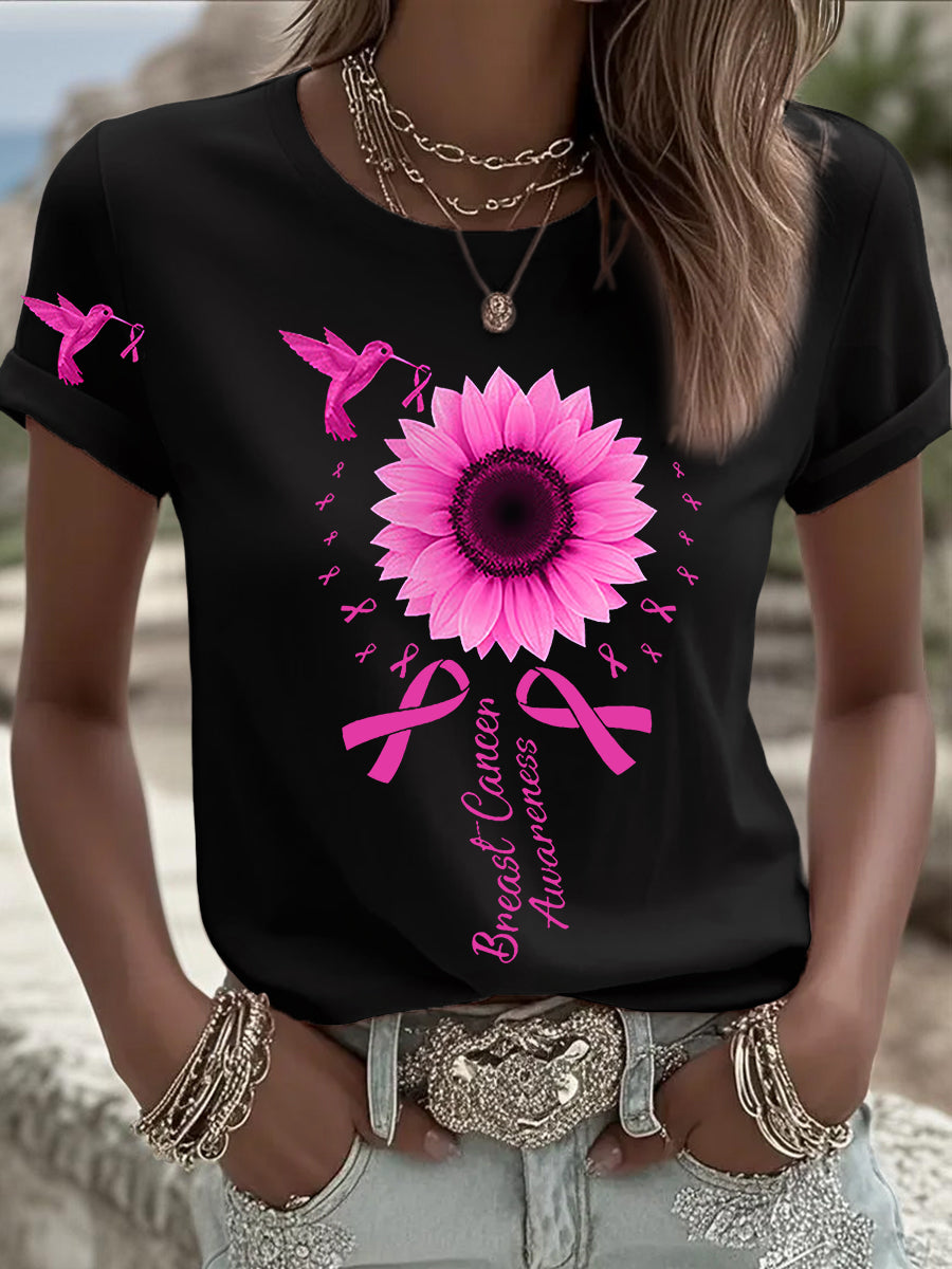 Women's Breast Cancer Awareness Hummingbird Sunflower Pink Ribbon Short Sleeve T-shirt