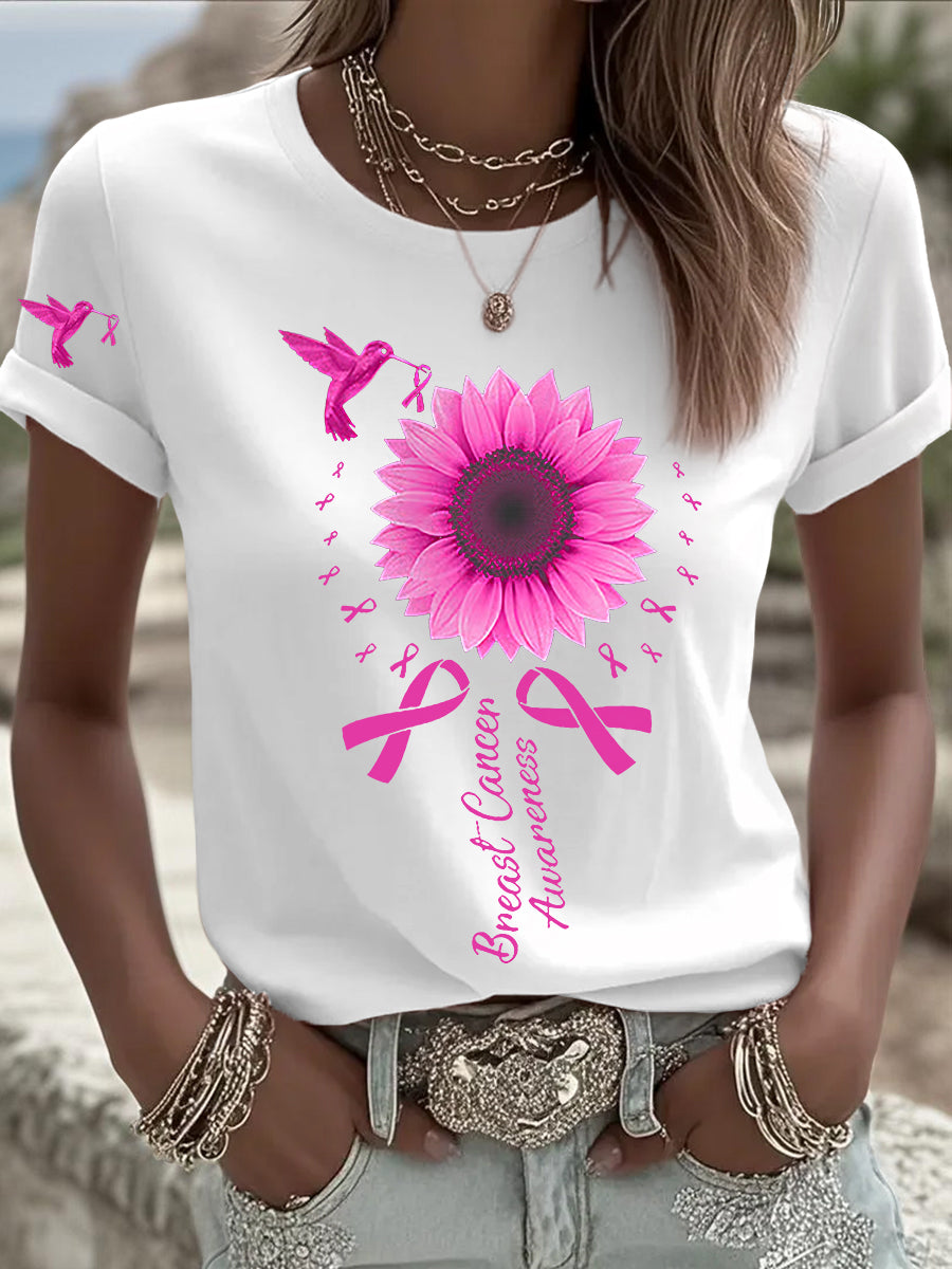 Women's Breast Cancer Awareness Hummingbird Sunflower Pink Ribbon Short Sleeve T-shirt