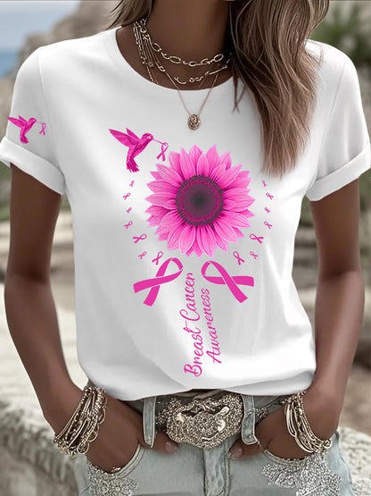 Women's Breast Cancer Awareness Hummingbird Sunflower Pink Ribbon Short Sleeve T-shirt