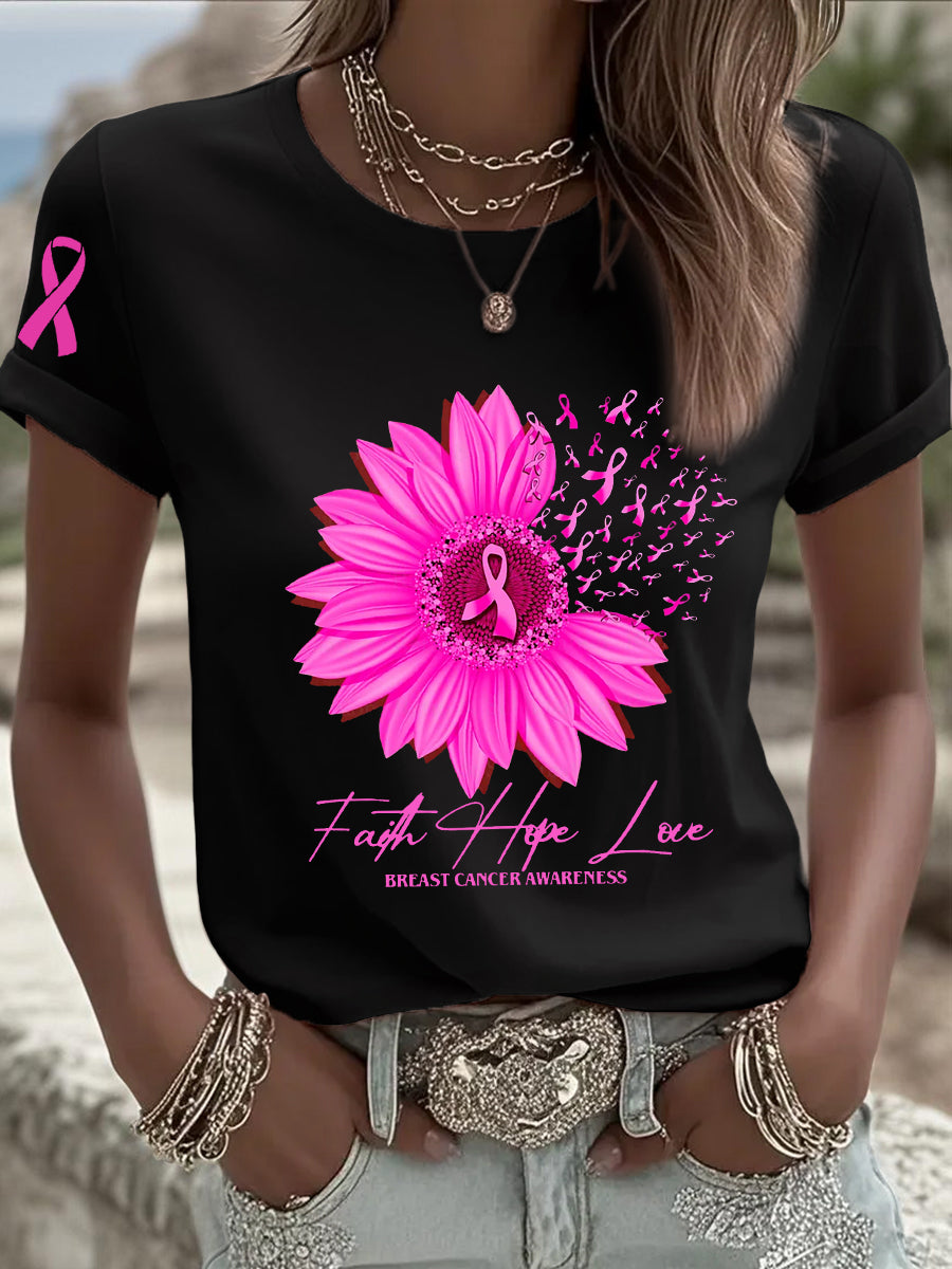 Women's Breast Cancer Awareness  Sunflower Pink Ribbon Short Sleeve T-shirt