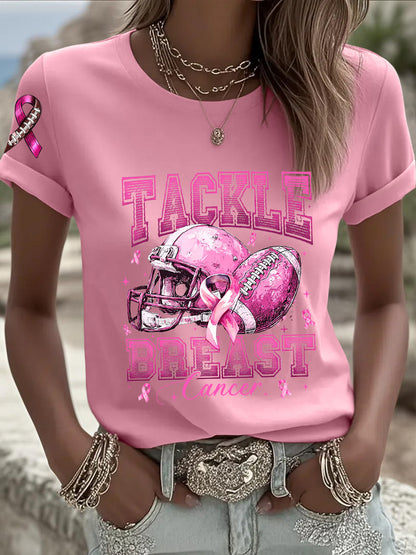 Women's Breast Cancer Awareness Football Pink Out Pink Ribbon Print T-shirt