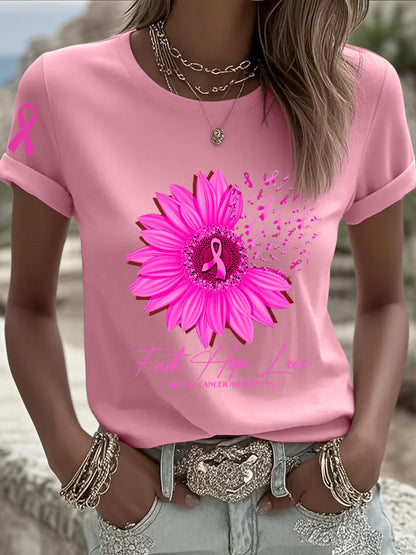 Women's Breast Cancer Awareness  Sunflower Pink Ribbon Short Sleeve T-shirt