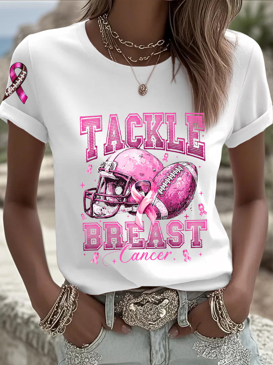 Women's Breast Cancer Awareness Football Pink Out Pink Ribbon Print T-shirt