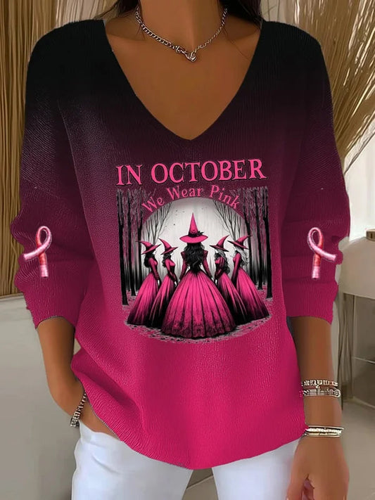 Women's Breast Cancer Awareness We Wear Pink Witch Pit Stripe Long Sleeve Top