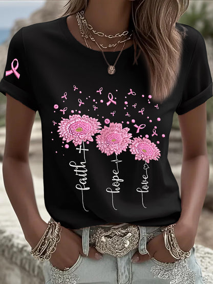 Women's Breast Cancer Awareness Sunflower Pink Ribbon Short Sleeve T-shirt