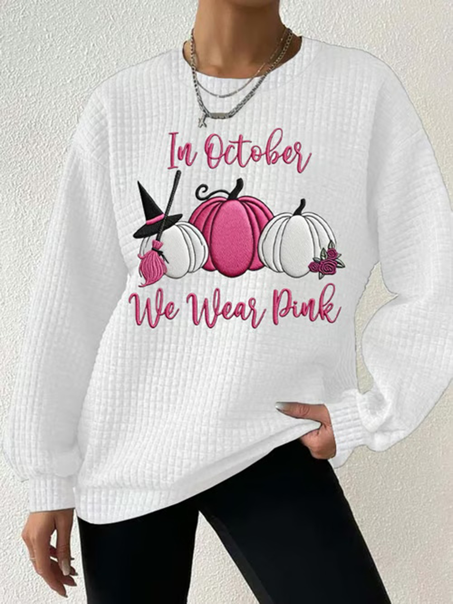 Women's Breast Cancer Awareness In October We Wear Pink Waffle Print Casual Sweatshirt