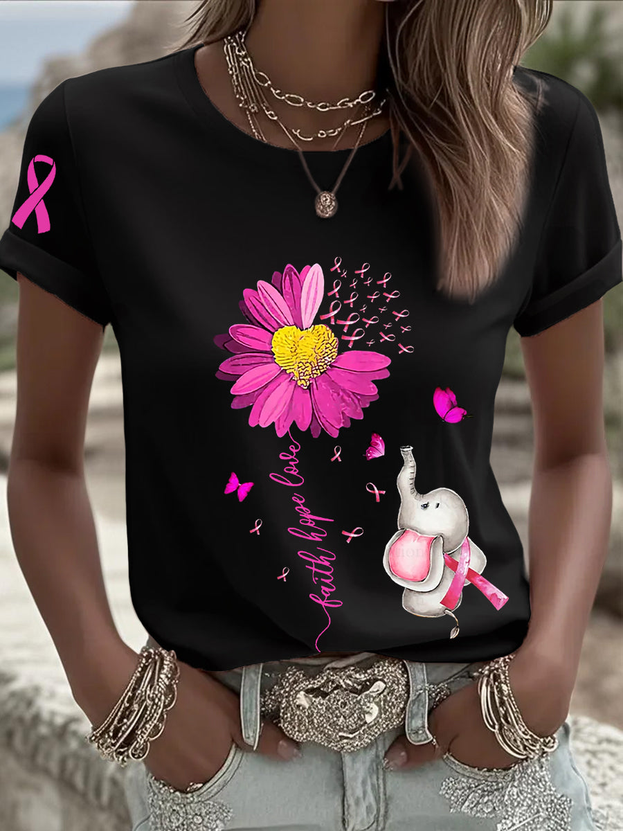Women's Breast Cancer Awareness Sunflower Pink Ribbon Short Sleeve T-shirt