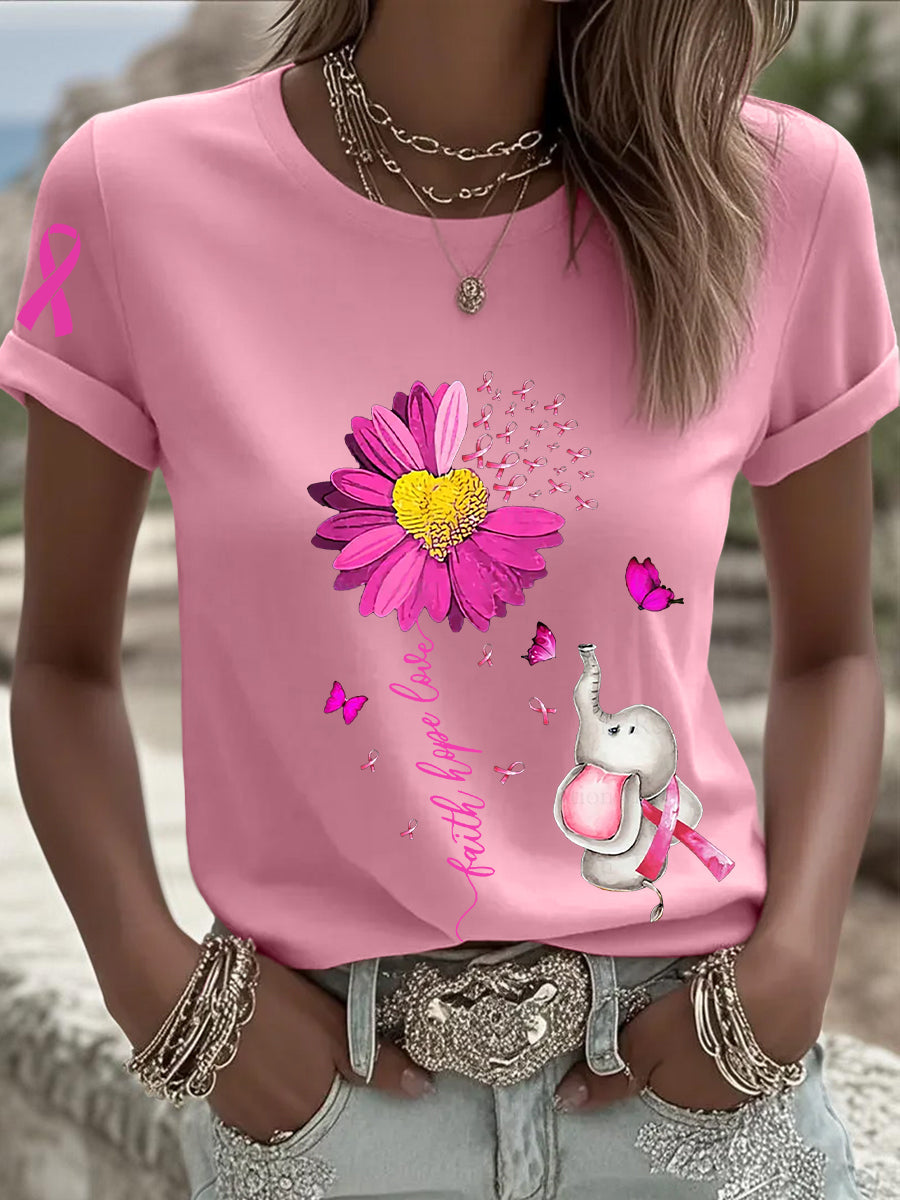 Women's Breast Cancer Awareness Sunflower Pink Ribbon Short Sleeve T-shirt