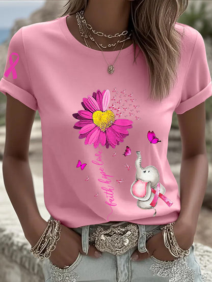 Women's Breast Cancer Awareness Sunflower Pink Ribbon Short Sleeve T-shirt