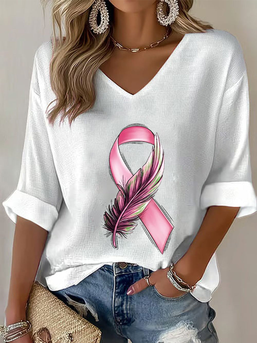 Women's Breast Cancer Awareness Pink Ribbon Waffle T-shirt