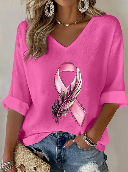 Women's Breast Cancer Awareness Pink Ribbon Waffle T-shirt