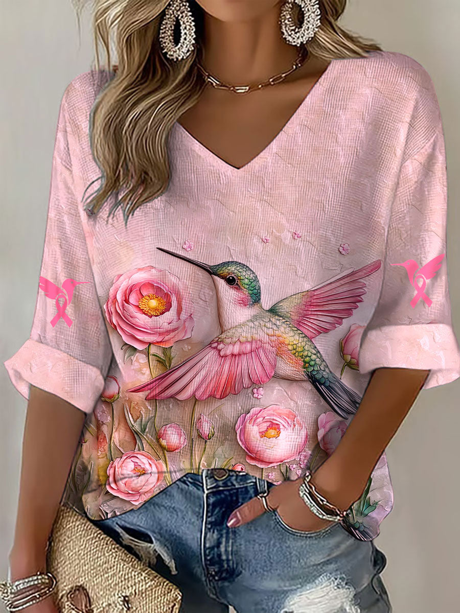 Women's Breast Cancer Awareness Pink Hummingbird V-Neck Waffle Top